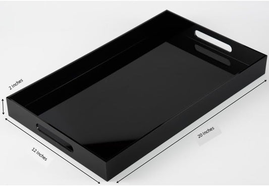 Glossy Black Sturdy Acrylic Serving Tray with Handles-12x20Inch-Serving Coffee,Appetizer,Breakfast,Butler-Kitchen Countertop Makeup Drawer Organizer-Vanity Table Ottoman Decorative Tray
