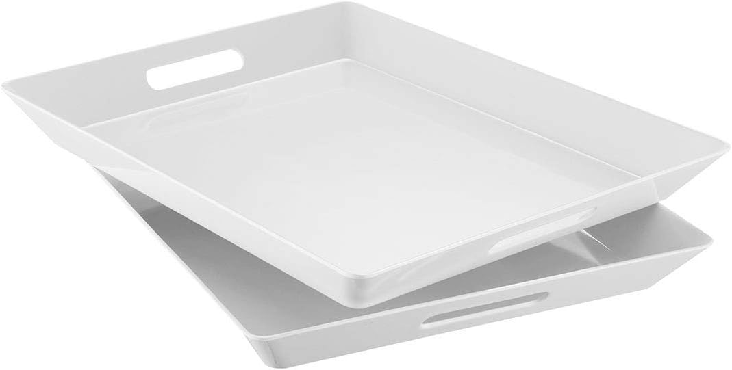 i BKGOO White Large Tray,Melamine Serving Tray with Handles, Set of 2 Rectangular Tray for Food Organizer,Breakfast, Lunch, Dinner 15.5 x 12.2 x 1.6 inch