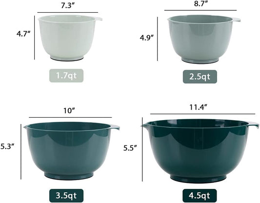 BoxedHome Green Ombre Nesting Plastic Mixing Bowl Set With Pour Spout, Microwave and Dishwasher Safe, BPA free Non-Slip Base, Set of 4 Size 1.7, 2.5, 3.5 and 4.5qt, Great for Prepping, Baking, Cooking