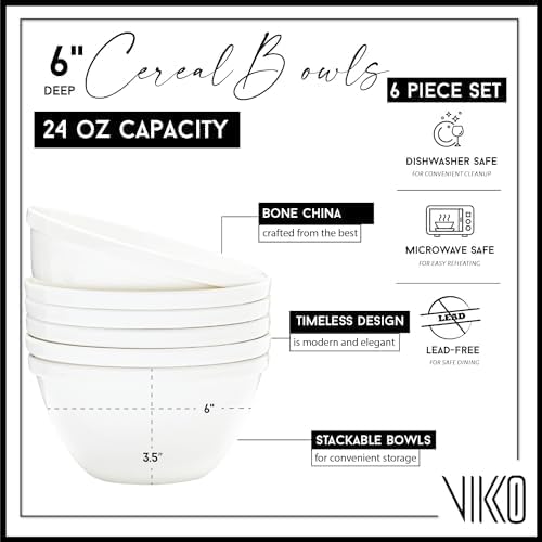 Vikko Cereal Bowls, Large 24 Ounce Dessert Bowls, White Cereal Bowls, Fine Bone China Bowls, Set of 4, Microwave and Dishwasher Safe