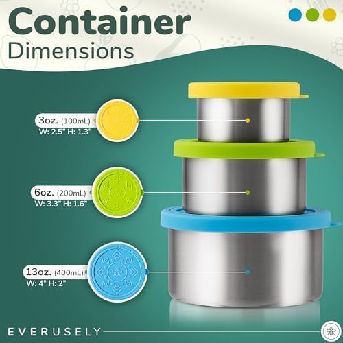Everusely - Stainless Steel Food Containers - 3 Pack, Summer - Lunch Box - Snack Containers for Office, Home Food Storage - Leakproof with Silicone Lids - Dishwasher & Freezer Safe