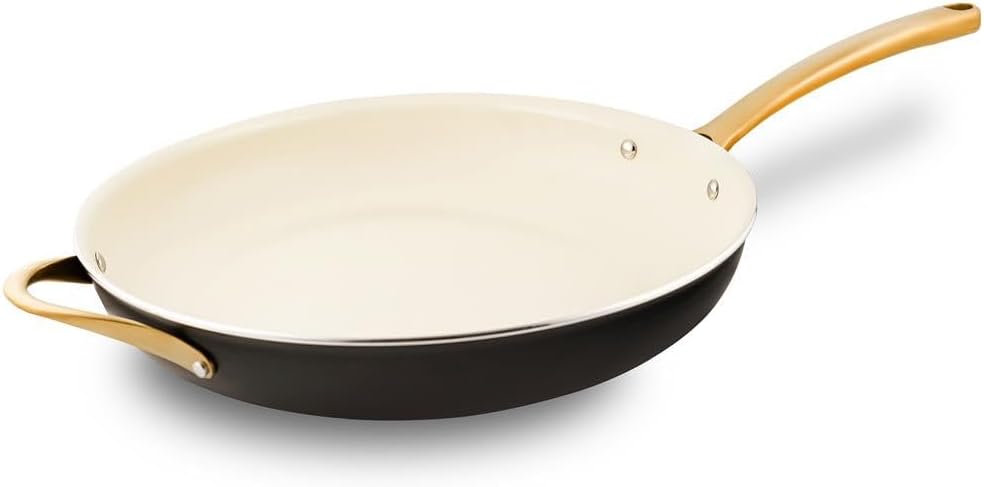 NutriChef 14-Inch Professional Ceramic Frying Pan - Extra-Large Skillet with Golden Titanium Handle, Non-Stick Ceramic Coating, Stain-Resistant, Easy to Clean, Ideal for Home Cooking