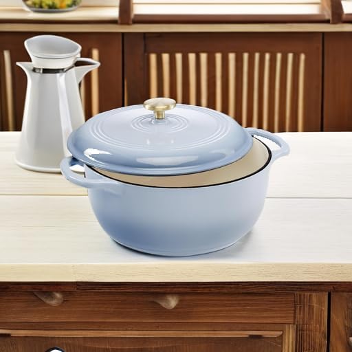 Best Choice Products 6 Quart Enamel Cast-Iron Round Dutch Oven, Family Style Heavy-Duty Pre-Seasoned Cookware for Home, Kitchen, Dining Room, Oven Safe w/Lid, Dual Handles - Cornflower Blue
