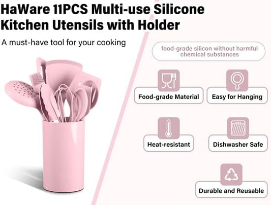 HaWare 11 PCS Silicone Cooking Utensils Set, Heat Resistant Kitchen Utensils with Holder, Food-grade Spatula Sets for Nonstick Cookware, Kitchen Tools Gadgets Include Fish Turner, Spoon (Pink)