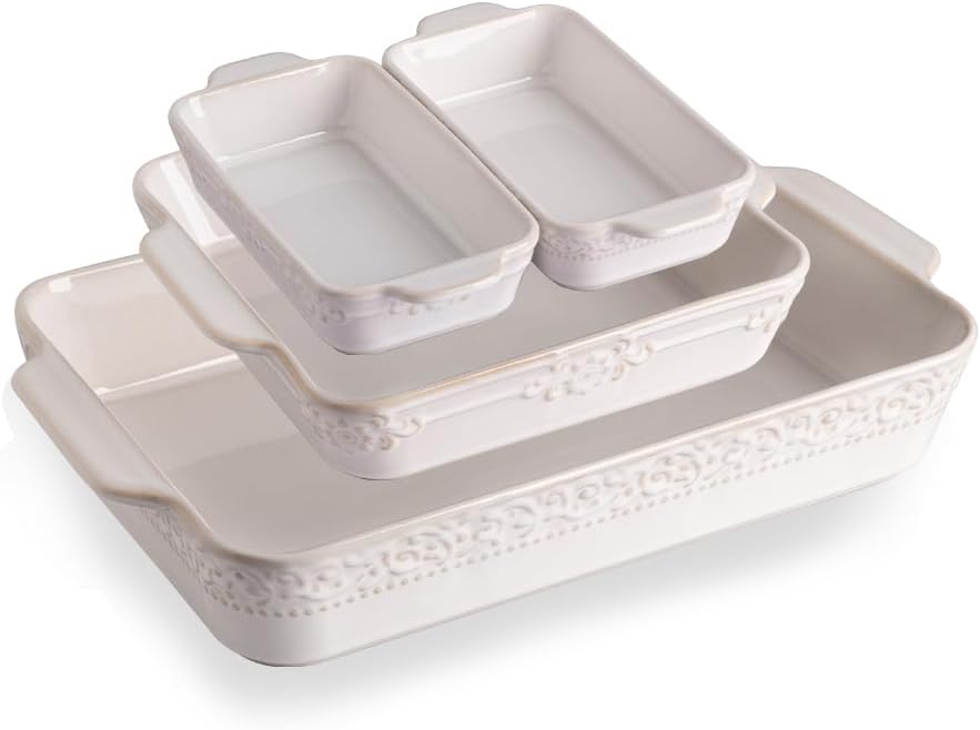 Sweejar Casserole Dishes for Oven, Ceramic Bakeware Set of 4, Rectangular Baking Dish with Handles, Lasagna Pans for Cooking, Gratin, Roasting, Banquet and Daily Use (Kiln-Change White)