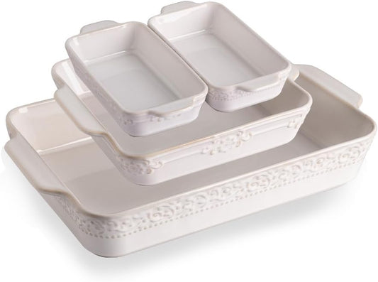 Sweejar Casserole Dishes for Oven, Ceramic Bakeware Set of 4, Rectangular Baking Dish with Handles, Lasagna Pans for Cooking, Gratin, Roasting, Banquet and Daily Use (Kiln-Change White)