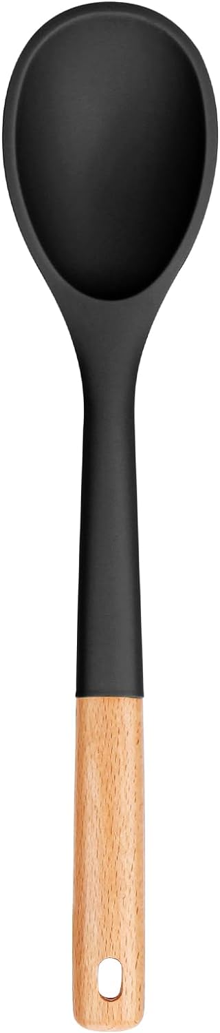 Large Silicone Cooking Spoons, Nonstick Solid Wooden Handle Spoon, Heat Resistan Silicone Kitchen Spoons for Cooking, Serving, Basting, Mixing, 13.2inch (Black)