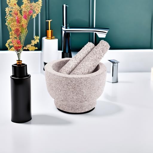 Mortar and Pestle Set,Heavy Duty,Unpolished Granite,8Inch-5Cup Capacity,Grinder for Spices and Seeds,Grinding,Crushing and Mashing Spices,Nuts,for Guacamole,Garlic Sauce,Gray.