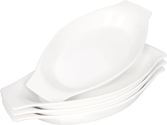 5 x 8 Inch Ceramic Oval Au Gratin Baking Dishes 12 OZ, Set of 4 Banana Split Bowls, for 1 or 2 Person Servings, Bakeware with Handle(10.3 IN) for Kitchen and Home, Oven & Microwave Safe