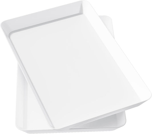 Lifewit Plastic Serving Tray for Party Supplies, 15" x 10" White Trays for Serving Food, Reusable Large Platter for Buffet, Fruit, Dessert, Snack, Veggie, Kitchen and Outdoor Use, Rectangle, 2 Pcs