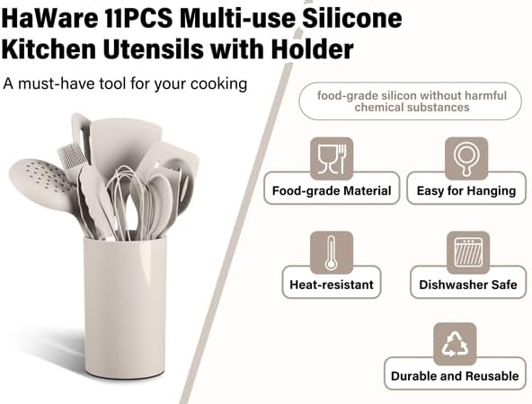 HaWare 11 PCS Silicone Cooking Utensils Set, Heat Resistant Kitchen Utensils with Holder, Food-grade Spatula Sets for Nonstick Cookware, Kitchen Tools Gadgets Include Fish Turner, Spoon (Khaki)