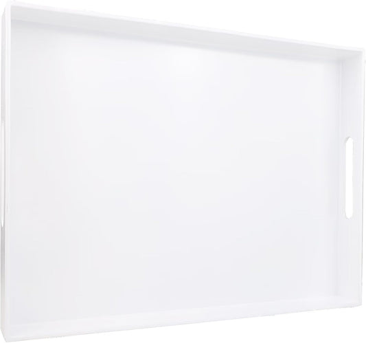 White Serving Tray for Coffee Table, Rectangular Plastic Decorative Tray with Handles for Entertaining, Outdoor Patio, Living Room, Ottoman, Bathroom Counter, 11.8”*15.7”*1.6”