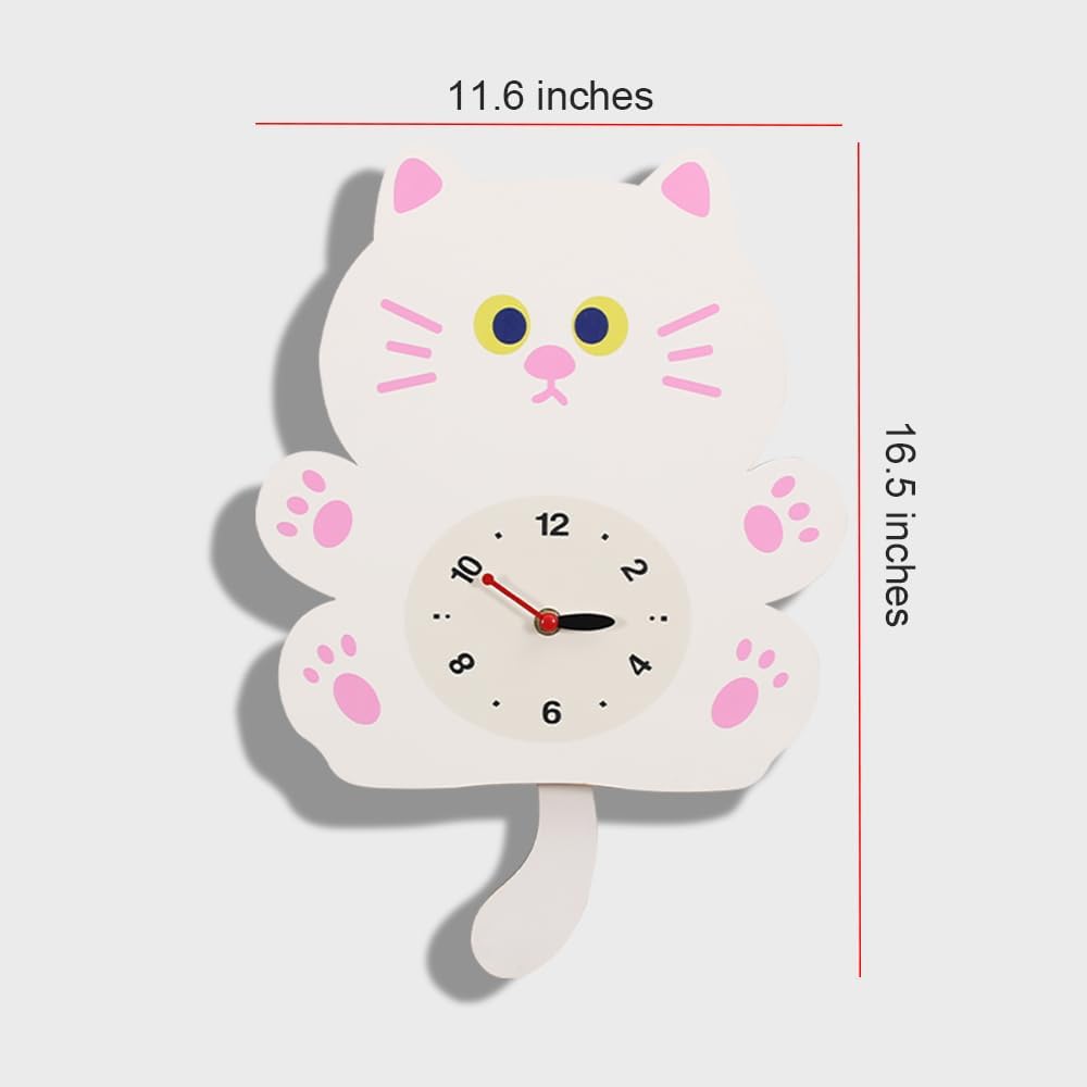 FASHION in THE CITY Adorable Cat Themed Swing Wall Clock - Silent Non-Ticking Pendulum Clock, Easy to Read Analog Clock for Cat Lovers, Nursery, Kitchen, Cute Home Decor Gift (YBZ001-White)