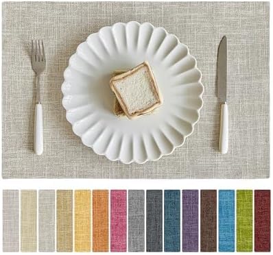 Softalker Faux Linen Placemats Set of 12-12 x 18 Inch, Heat Resistant Double Layered Durable Burlap Farmhouse Place Mats, Non-Slip Washable Rustic Table Mats for Dining, Kitchen, Party（Beige