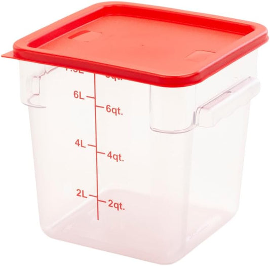 FSE Square Food Storage Container with Red Lid, 8 Quart, Polycarbonate, Reusable, Clear, NSF