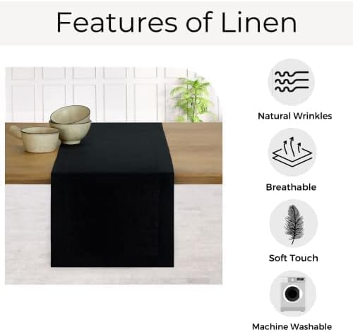 D'Moksha Homes Linen Black Table Runner 48 Inches - 100% Pure Linen Small Table Runner 14 x 48 Inch for Coffee Tables, Dresser, Fall, Autumn and Halloween - Machine Washable