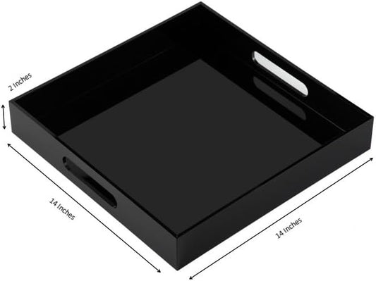 Glossy Black Acrylic Serving Tray - 14x14Inch, Multipurpose, Sturdy, Modern Style, Spill Proof, Countertop Organizer, Vanity Table Tray