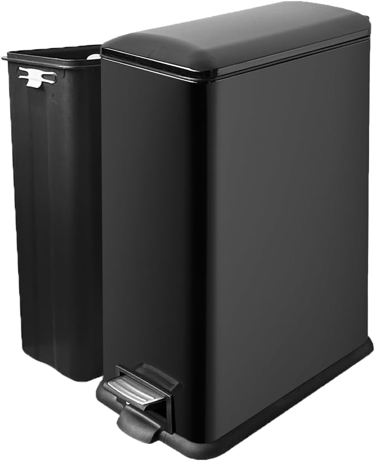 12 Gallon Slim Trash Can with Lid，45 Liter Kitchen Garbage Can,Black Stainless Steel Step Bin for Narrow Spaces with Soft-Close Lid, Inner Bucket, and Step-on Pedal