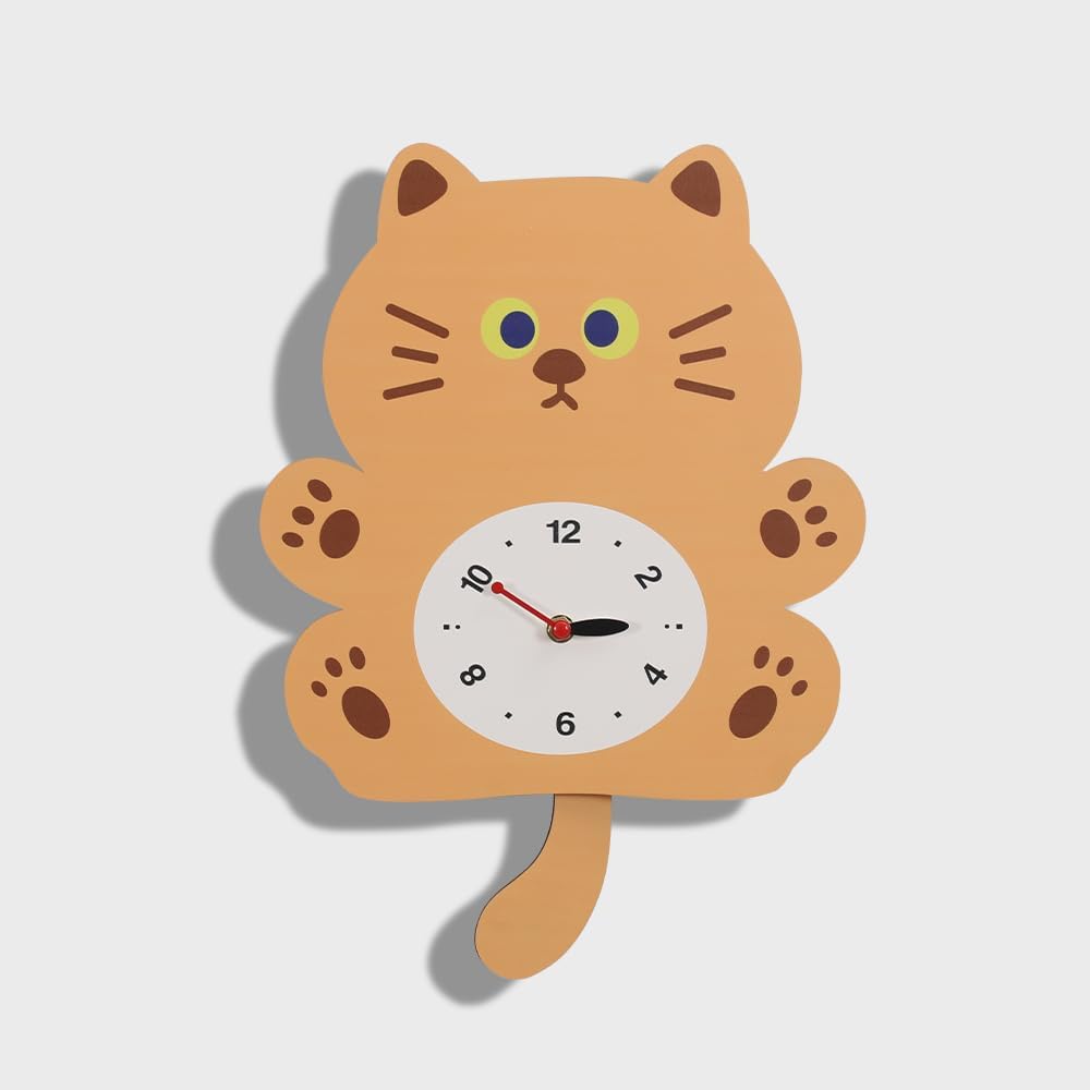 Adorable Cat Swing Wall Clock with Wagging Tail - Silent Non-Ticking Pendulum Clock, Cute Cartoon Animal Design for Kids Room, Nursery, Home Decor, for Cat Lovers (YBZ001-Yellow)
