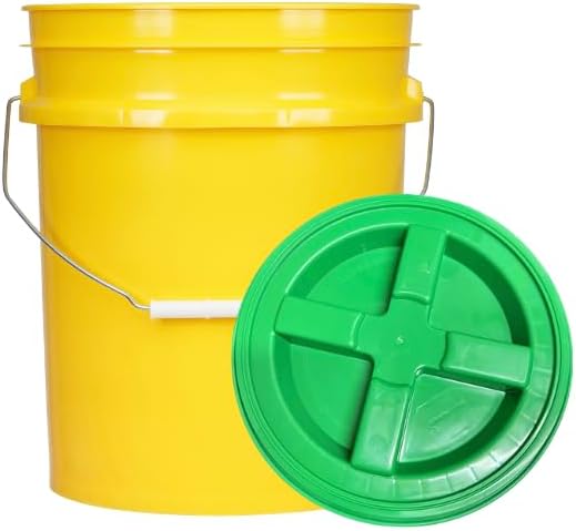 House Naturals 5 Gallon Plastic Yellow Food Grade BPA Free Made in USA Bucket Pail with Air Tight Double Gasket Screw on Lid(Pack of 3) (Yellow and Green lids)