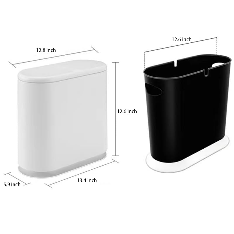 Black Slim Rectangular Plastic Trash Can with Press Type Lid,12 Liter / 3.2 Gallon Narrow Trash Bin with Pop-up Lid for Toilet,Bedroom,Bathroom,Office,Kitchen,Powder Room