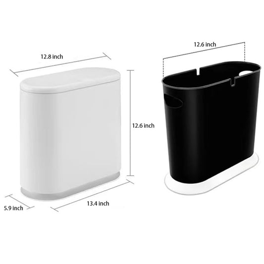 White Slim Rectangular Plastic Trash Can with Press Type Lid,12 Liter / 3.2 Gallon Narrow Trash Bin with Pop-up Lid for Toilet,Bedroom,Bathroom,Office,Kitchen,Powder Room