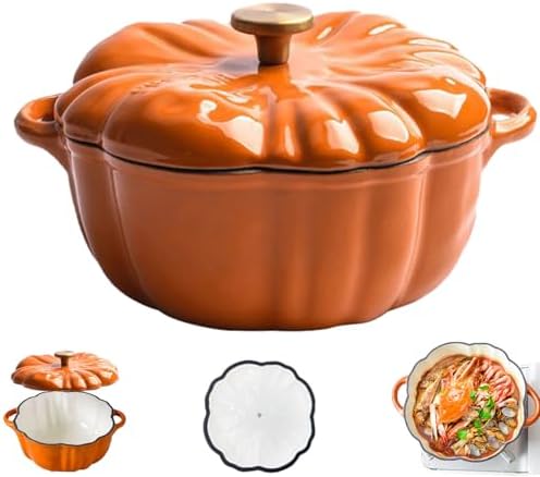 Enameled Cast Iron Pumpkin Dutch Ovens, Pumpkin Dutch Oven with Lid Covered Stockpot, 4-Quart Enameled Cast Iron Pot, Holds 2-3 Servings, Non-Stick, for All Stovetops (Orange Set A, S 6.2in)