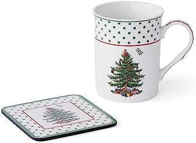 Spode Christmas Tree Polka Dot Mug & Coaster Set with Tin Box (5-Piece Set) - Festive Holiday Gift Set for Tea Lovers - Elegant Porcelain Mugs & Cork-Backed Coasters - Dishwasher & Microwave Safe