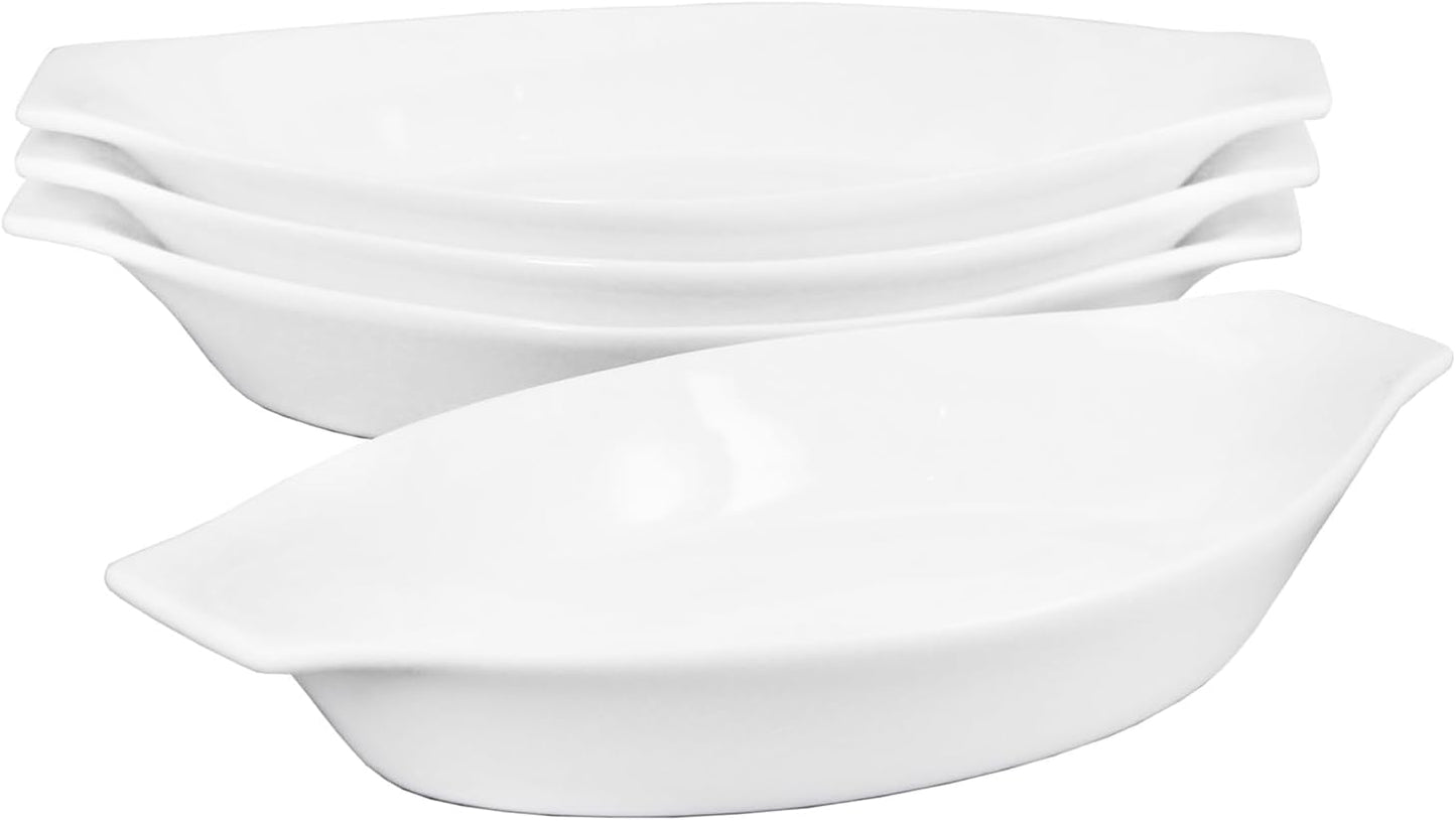 6" x 4" Ceramic Oval Small Au Gratin Baking Dishes 7 oz, Set of 4 Banana Split Bowls, Oven and Microwave Safe, for 1 person servings, Bakeware with Handle(8.3 IN) for Kitchen and Home