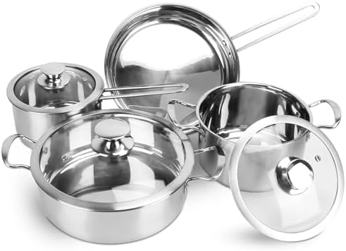 Stainless Steel Cookware Set Fast Even Heat Induction Pots Pans Set Dishwasher Safe with 2.7/3.7 Quart Stockpot 2 Quart Saucepan 9.17in Frying Pan