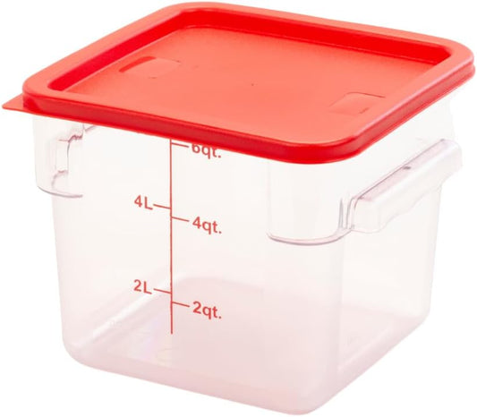 FSE Square Food Storage Container with Red Lid, 6 Quart, Polycarbonate, Reusable, Clear, NSF