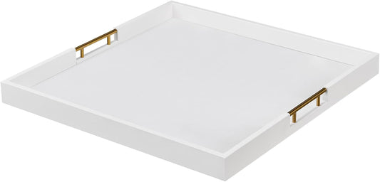 24x24 Inches Extra Large White Faux Leather Wrapped Wood Ottoman Tray with Golden Handles for Serving Food and Breakfast On Bed, Square Coffee Table Organizer, Home Decor and Decorative