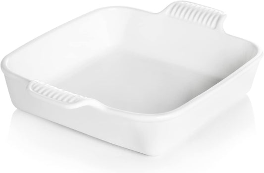 Sweejar Ceramic Baking Dish, 8 x 8 Cake Baking Pan for Brownie, Porcelain Square Bakeware with Double Handle for Casserole, Lasagna, Family Dinner (White)