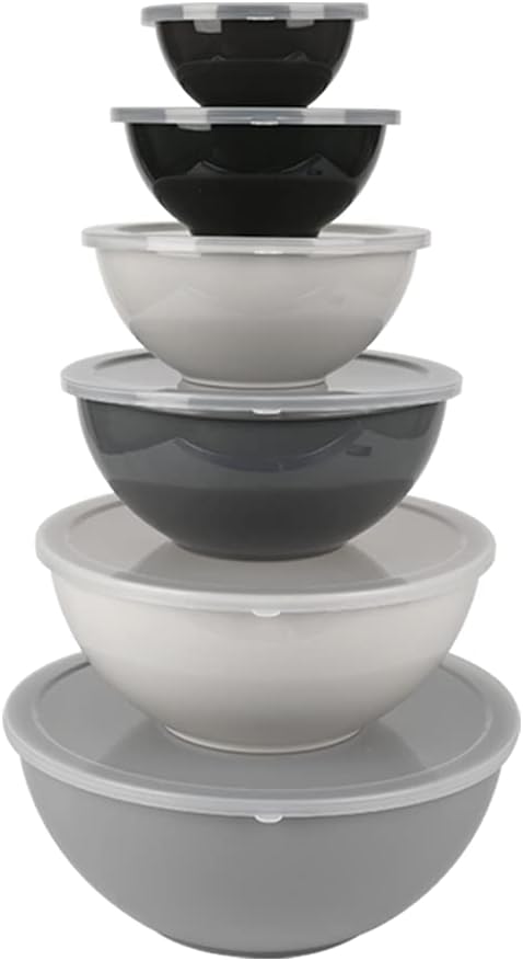 BoxedHome BPA Free Plastic Round Mixing Bowl with Lids, 12 Pack Nesting Bowls with Lids Set, Microwave and Dishwasher Safe Prep & Serving Bowls Great for Mixing, Baking, Serving (Grey, 12pcs)