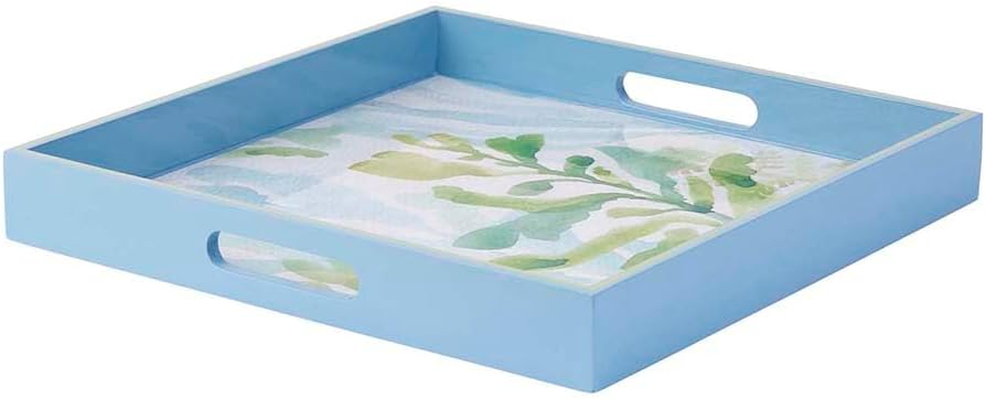 rockflowerpaper Sea Kelp 15inch Square Lacquered Wooden Serving Tray with Handles, Coffee Table Ottoman Tray for Dining. for Food, Drinks, Cocktail, Great for Parties, Entertaining & Gift