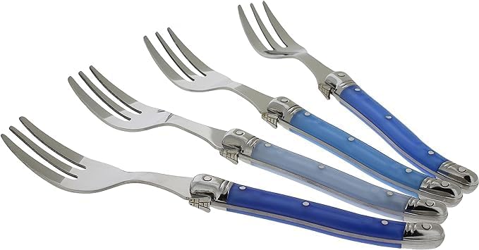 French Home Laguiole 4-Piece Cake Forks Set – Sophisticated Stainless Steel Forks with Shades of Blue Handles – Laguiole Flatware Set for Cake, Fruit, or Appetizers (6.75")