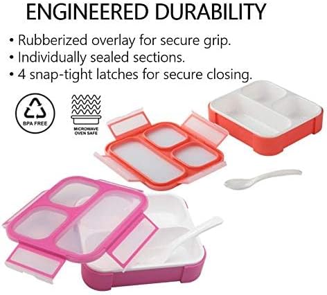 kinsho Bento Box for Kids, Toddler Lunch-Box Snack Container for Small Boys Girls in School Pre-School Daycare, Leakproof 3 Compartment Containers for Snacks, BPA Free. Medium Orange Pink 2 pack