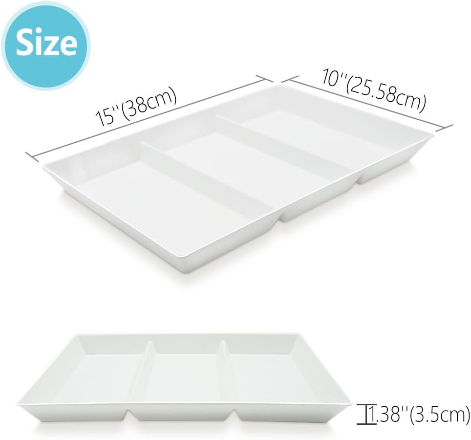 Divided Serving Tray Platter, 4 Pack 15" x 10" Fruit Veggie Food Tray for Party, Plastic Serving Trays for Appetizer, Snack, Dessert, Cookie, Brunch Decorations Platters, White Trays BPA-Free
