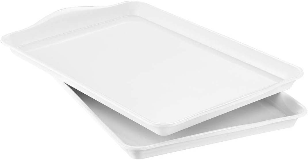 i BKGOO White Melamine Tray,Set of 2 Large Rectangular Serving Platters,Sturdy Foodserving Tray with Ear Size 15 x9.5x1 inch