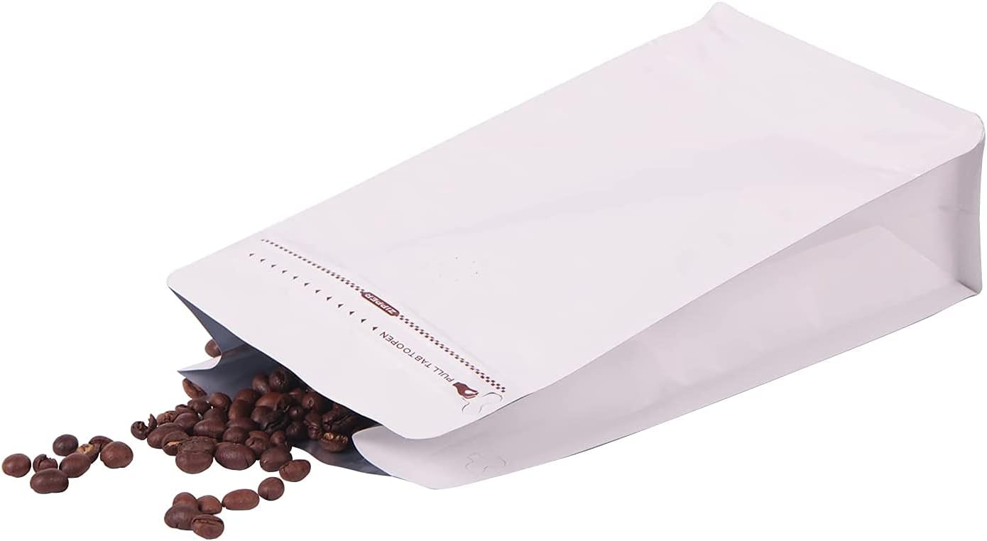 REMTAP Coffee Bags with Valve(50pcs,16oz) white High Barrier Aluminumed Foil Flat Bottom Standing Coffee Beans Storage Bags,Reusable Heat Sealable Side Zipper Pouches for Home or Store