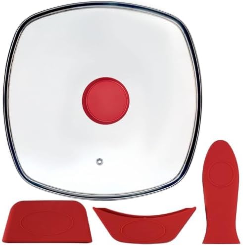 Square Glass Lid for Grill Pans with Steam Vent Hole - Fits Lodge Cast Iron Skillets 10.5inch/26.67cm Silicone Potholder- Square Tempered Glass Lid - Universal Replacement Cover Silicone Knob