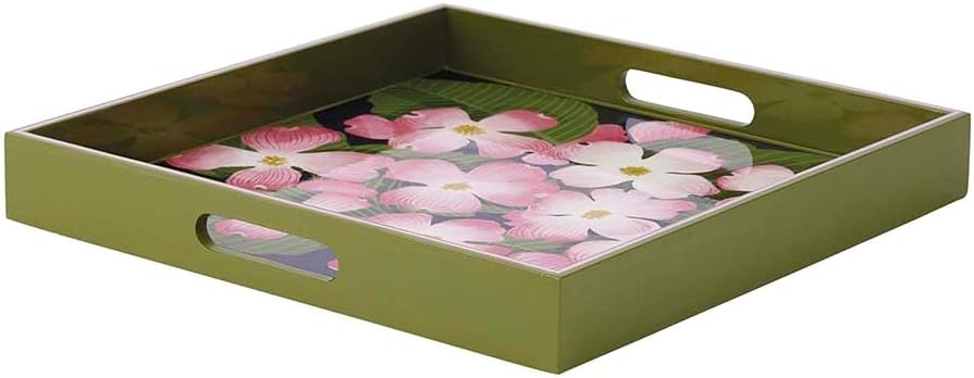 rockflowerpaper Pink Dogwood 15inch Square Lacquered Wooden Serving Tray with Handles, Coffee Table Ottoman Tray for Dining. for Food, Drinks, Cocktail, Great for Parties, Entertaining & Gift