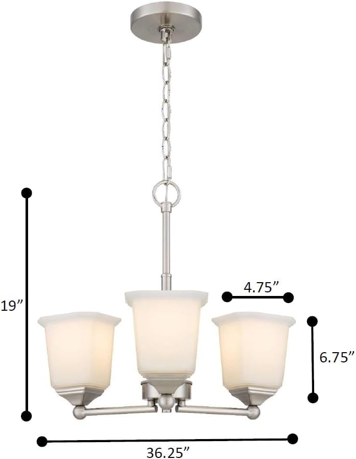 Nox 3-Light Chandelier Pendant Ceiling Light Brushed Nickle White Glass Shade Adjustable Height for Hallway, Entryway, Passway, Dining, Bedroom, Kitchen, Balcony Living Room
