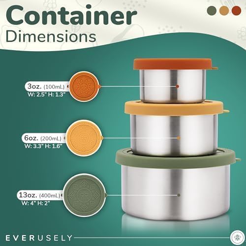 Everusely - Stainless Steel Food Containers - 3 Pack, Muted - Lunch Box - Snack Containers for Office, Home Food Storage - Leakproof with Silicone Lids - Dishwasher & Freezer Safe