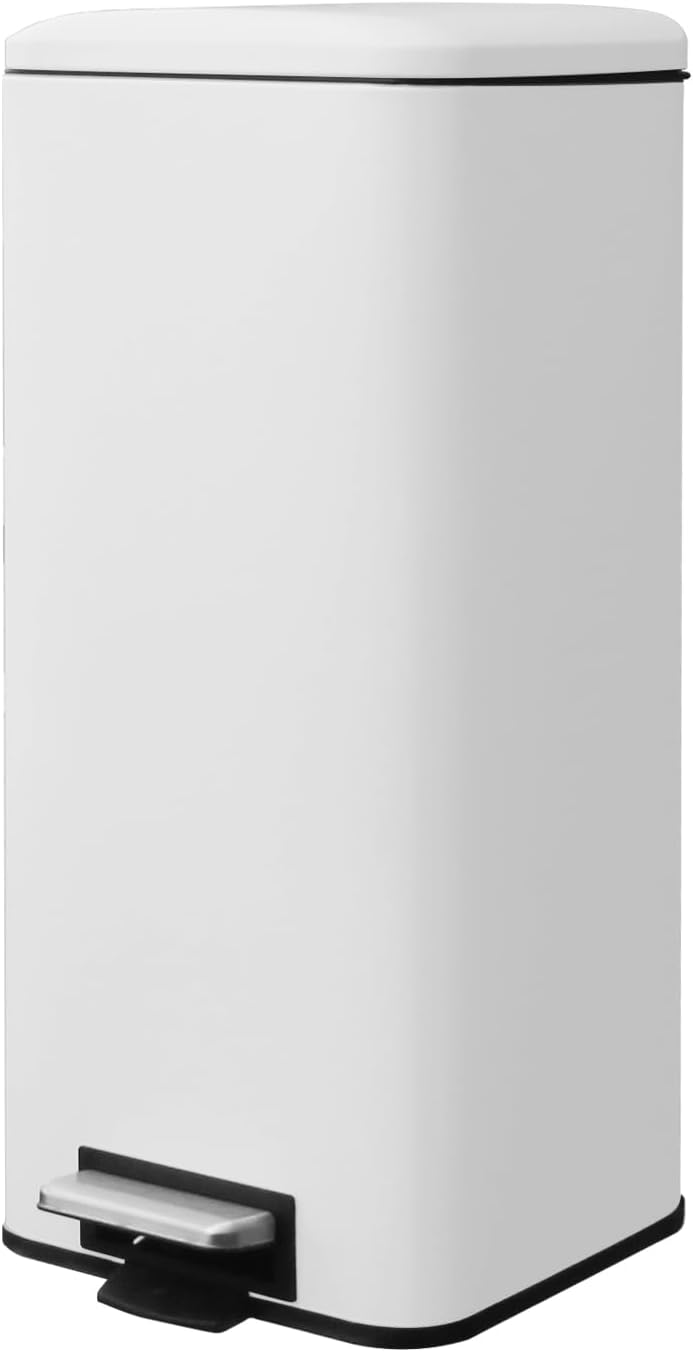8 Gallon Square Trash Can with Lid, White Kitchen Trash Can with Soft Close, InnerBucket & Steel Pedal, Stainless Steel Garbage Can for Kitchen, Laundry Room, Office, Bathroom, Dorm