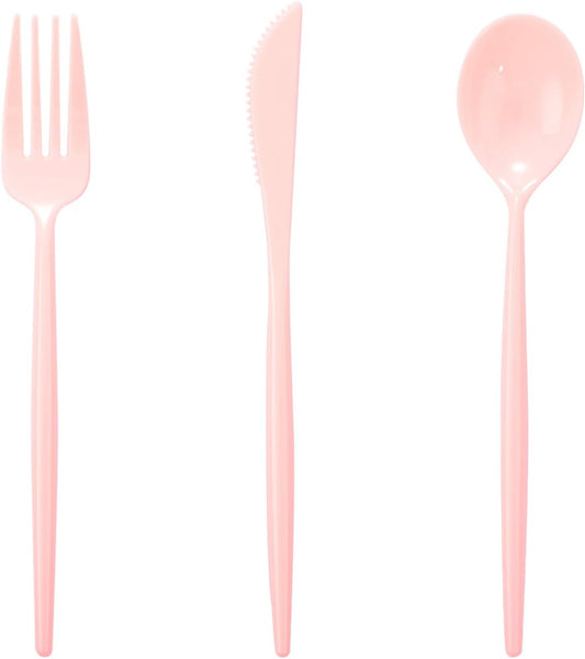 Supernal 180pcs Pink Plastic Silverware Heavy Duty Pink Party Disposable Cutlery Plastic Forks and Spoons Disposable Utensils Include 60 Forks,60 Knvies,60 Spoons for Wedding,Party or Daily Using