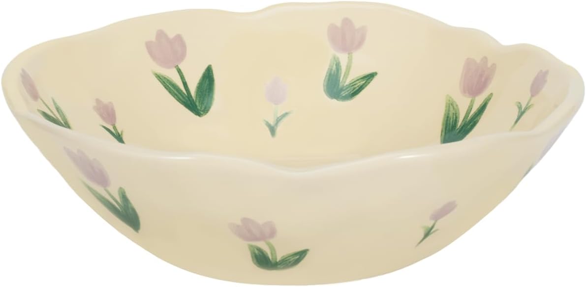 Koythin Salad Bowls, Cute Purple Tulip Flower Ceramic Bowls, Cream Yellow Serving Bowl for Pasta, Cereal, Fruit, Soup, Rice, Dishwasher and Microwave Safe (Purple Tulip Set of 1)