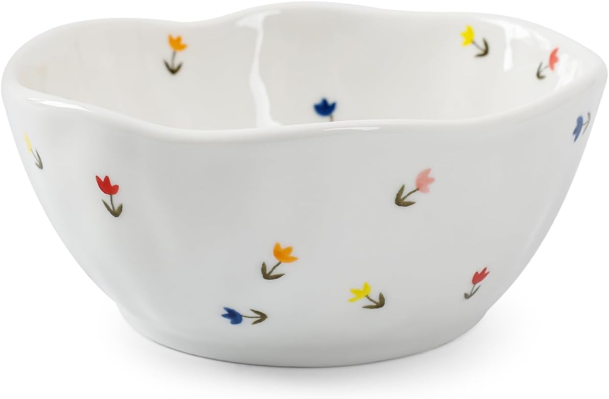 Koythin Ceramic Cereal Bowl, Cute Flowers Pattern Kitchen Bowls for Cereal, Salad, Pasta, Soup, Dessert, Serving, Home Decor, Microwave and Dishwasher Safe (Tulip Small Floral Fragments)