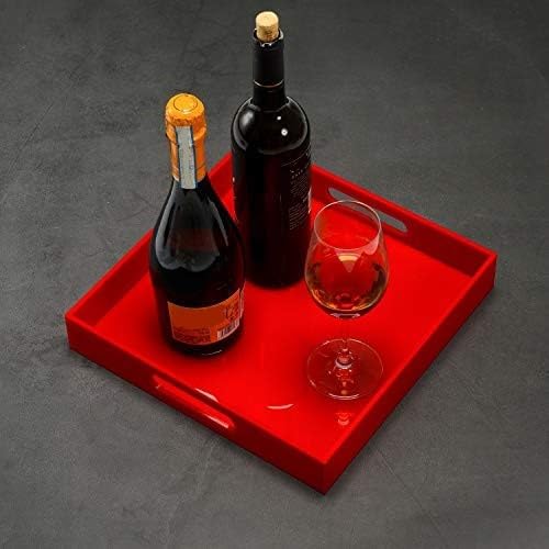 Sturdy Red Acrylic Serving Tray with Handles - 12x12 Inch - Coffee & Appetizer Platter - Kitchen Counter & Vanity Organizer