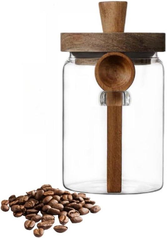 Glass Jar with Wooden Lid & Spoon, 27oz Food Storage Containers Coffee Jar Coffee Grounds Container, Glass Food Storage Canister (1 Pack)
